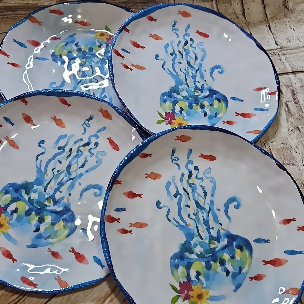 BELLA LUX MELAMINE CORAL & JELLYFISH  Dinner Plates Set Of‎ 4